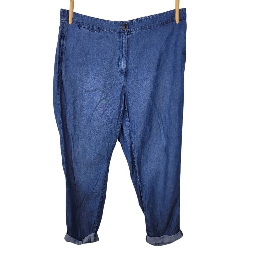 J Jill Linen Plus 18 Chambray Jeans Stretch Waist Straight Leg Pull On Blue
